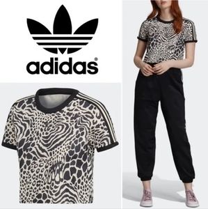 Adidas Leopard Print Mesh Crop Top – Vintage 3-Stripes & Shamrock Logo | Size M